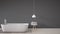 Scandinavian bathroom background, bathtub, table and lamp on her