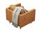 Scandinavian brown leather upholstery armchair with pillows and plaid. 3d render