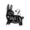 Scandinavian Christmas Noel rabbit or bunny, folk animal vector design, cute floral patterned traditional monochrome