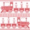 Scandinavian Christmas Nordic Seamless Pattern with gravy train, gifts, stars, snowflakes, hearts, snow, in cross stitch pattern