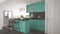 Scandinavian classic kitchen with wooden and turquoise details,