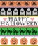 Scandinavian cross stitch and traditional American holiday inspired seamless Happy Halloween pattern with cat, spider, ghost, hear