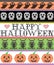 Scandinavian cross stitch and traditional American holiday inspired seamless Happy Halloween pattern with owl, ghost, skull