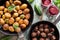 Scandinavian cuisine. Fried potatoes, meatballs and lingonberry