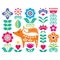 Scandinavian cute folk art vector design with flowers and fox, floral pattern perfect for greeting card or invitation inspired by