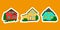 Scandinavian cute rustic houses stickers set. Bright red blue yellow nordic house facades. Typical norway rural buildings.