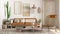 Scandinavian ethnic orange and wooden living room. Sofa and coffee table, wooden armchair with pillows, carpet and pendant lamps.