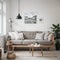 Scandinavian farmhouse living room interior, wall mockup,