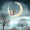 Scandinavian gnome and moon winter watercolor illustration Swedish cute gnome in snow night forest Fantasy background