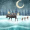 Scandinavian gnomes with moose watercolor illustration Cute Christmas gnomes in snow forest Winter fantasy moon night scenery