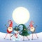 Scandinavian gnomes and snowman celebrate New year in front of magical moon -blue snowy background