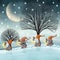 Scandinavian gnomes walking on snow hills with vintage lanterns Fantasy watercolor illustration Winter night forest Moon night