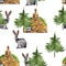 Scandinavian house, hare and christmas tree watercolor seamless pattern