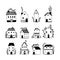 Scandinavian houses set. Vector hand-drawn illustration of buildings in a simple childish cartoon style. Cute isolated black and