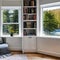 A Scandinavian hygge-inspired reading nook with a window seat, soft blankets, and shelves filled with books1, Generative AI