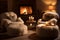 Scandinavian Hygge Living Room. Cozy Armchair, Sheepskin Throw, and Candlelit Coffee Table