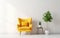 Scandinavian indoor design. Warm toned living room interior wall mockup with a yellow armchair and a background of a white wall,