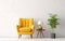 Scandinavian indoor design. Warm toned living room interior wall mockup with a yellow armchair and a background of a white wall,