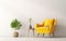 Scandinavian indoor design. Warm toned living room interior wall mockup with a yellow armchair and a background of a white wall,