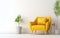 Scandinavian indoor design. Warm toned living room interior wall mockup with a yellow armchair and a background of a white wall,