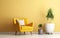 Scandinavian indoor design. Warm toned living room interior wall mockup with a yellow armchair and a background of a yellow wall,