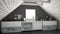 Scandinavian industrial kitchen, loft mezzanine, roof architecture white and gray interior design