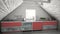 Scandinavian industrial kitchen, loft mezzanine, roof architecture white and red interior design