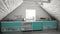 Scandinavian industrial kitchen, loft mezzanine, roof architecture white and turquoise interior design