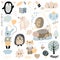 Scandinavian kids doodles elements pattern set of cute color wild animal and characters: penguin, hedgehog, fox, hare, rabbit,