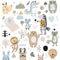 Scandinavian kids doodles elements pattern set of cute color wild animal and characters: zebra, bear, deer, squirrel, cat, rabbit