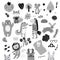 Scandinavian kids doodles elements pattern set of cute monochrome wild animal and characters: zebra, bear, deer, squirrel, cat,