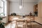 Scandinavian kitchen with wooden and white details. Minimalist interior design. Generative AI