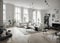 Scandinavian living room interior design, accented with white tones contrasted with black and grey sofas,