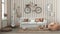 Scandinavian living room in white and orange tones, striped wallpaper, sofa, bicycle and musical instruments hanging on the wall,