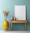 Scandinavian Living Room: Wood Side Table and Mockup Poster by Turquoise Wall. Generative ai