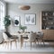 Scandinavian Mid-Century Modern Home Design Living Room, Round Dinning Table and Chairs, Sofa and Cabinet Near Wall, Mock Up Frame