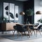 Scandinavian Mid-Century Modern Home Design Living Room, Round Dinning Table and Chairs, Sofa and Cabinet Near Wall, Mock Up Frame