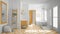 Scandinavian minimalist white and orange bathroom, shower, bathtub and decors, classic vintage interior design