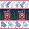 Scandinavian Nordic Christmas seamless pattern with ginger bread house, stockings, gloves, reindeer, snow, snowflakes, tree, Xmas