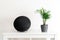 Scandinavian nordic hygge style, home interior - portable speaker, evergreen plant, white shelf