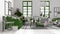 Scandinavian open space in white and green tones, living room with sofa, coffee tables, armchair, pillows, carpet, decors and