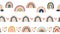 Scandinavian rainbow seamless borders. Cute rainbows, colorful rain and hearts. Childish vector pattern