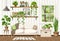 Scandinavian room interior with a sofa, bookshelves, and houseplants. Cartoon vector illustration