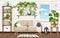 Scandinavian room interior with a sofa, a shelving, bookshelves, and houseplants. Cartoon vector illustration