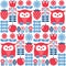 Scandinavian seamless cute pattern with owl and flower, inspired by Swedish and Finnish folk art, Nordic style