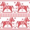 Scandinavian seamless Nordic Christmas pattern with rocking horses, snowflakes,hearts, snow, stars, decorative ornaments in red c