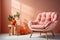 Scandinavian soft pink armchair in living room in fall coloured. Modern interior. Generative AI