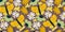 Scandinavian spring seamless pattern with butterfly and daisy on brown background.Yellow insect with wings and flowers