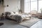 Scandinavian Style Bedroom With Minimalist Design, Featuring Simple Bed Frame, Clean Lines, And Cozy Blankets. Generative AI