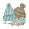 Scandinavian style Crochet Shop Logotype, Branding, Avatar composition of hats, hooks, yarns, crocheted heart, bow
